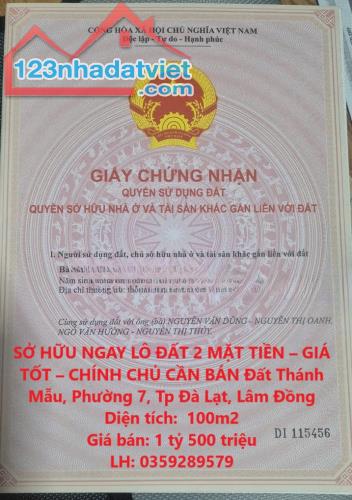 SỞ HỮU NGAY LÔ ĐẤT 2 MẶT TIỀN – GIÁ TỐT – CHÍNH CHỦ CẦN BÁN Đất Thánh Mẫu, Đà Lạt