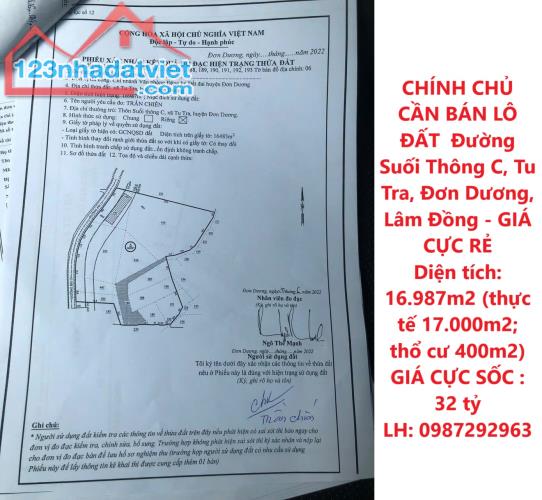 CHÍNH CHỦ CẦN BÁN LÔ ĐẤT  Đường Suối Thông C, Tu Tra, Đơn Dương, Lâm Đồng - GIÁ CỰC RẺ