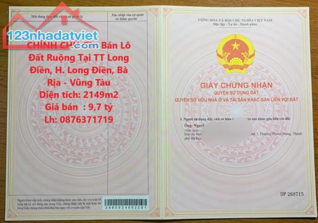 CHÍNH CHỦ Cần Bán Lô Đất Ruộng Tại TT Long Điền, H. Long Điền, Bà Rịa - Vũng Tàu