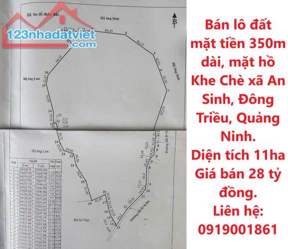 Bán lô đất mặt tiền 350m dài, mặt hồ Khe Chè xã An Sinh, Đông Triều, Quảng Ninh.