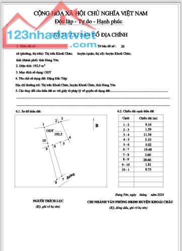 Ở đô thị, full thổ cư, ô tô vào, 192m, thị trấn Khoái Châu, nhỉnh 1.3 tỷ. 0971320468 - 4