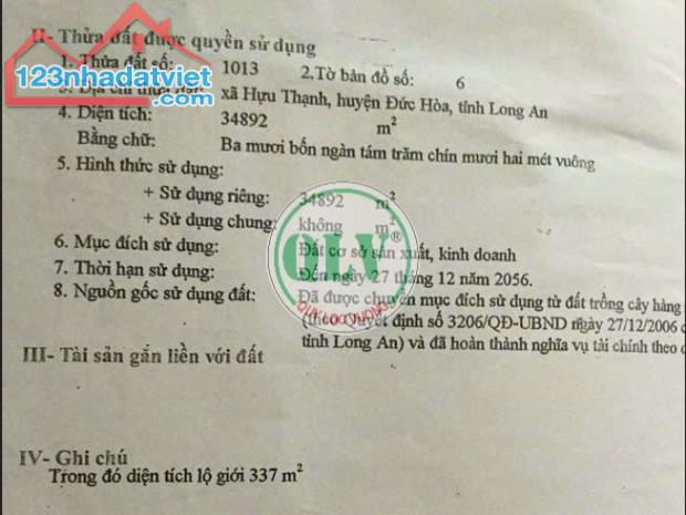 Bán đất trống 34.892 m2 gần KCN Hựu Thạnh, Long An.