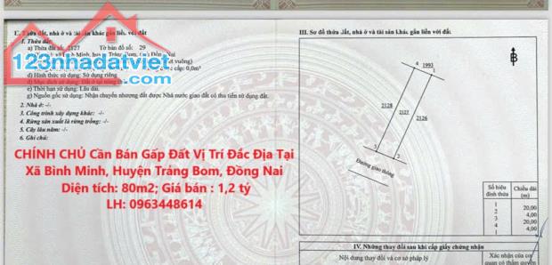 CHÍNH CHỦ Cần Bán Gấp Đất Vị Trí Đắc Địa Tại Xã Bình Minh, Huyện Trảng Bom, Đồng Nai