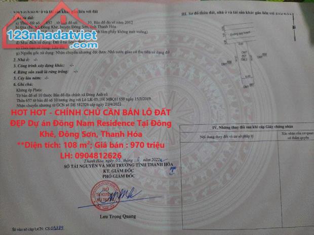 HOT HOT - CHÍNH CHỦ CẦN BÁN LÔ ĐẤT ĐẸP Dự án Đồng Nam Residence Tại Đông Khê, Đông Sơn,