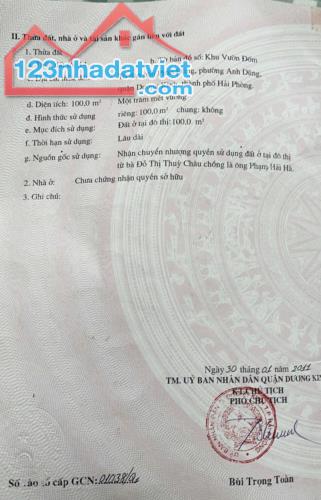 Bán lô Đất Vườn Đốm, Anh Dũng, Dương Kinh, Hải Phòng  - Diện tích : 100m2 - Ngang 5m - 1