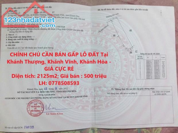 CHÍNH CHỦ CẦN BÁN GẤP LÔ ĐẤT Tại Khánh Thượng, Khánh Vĩnh, Khánh Hòa - GIÁ CỰC RẺ