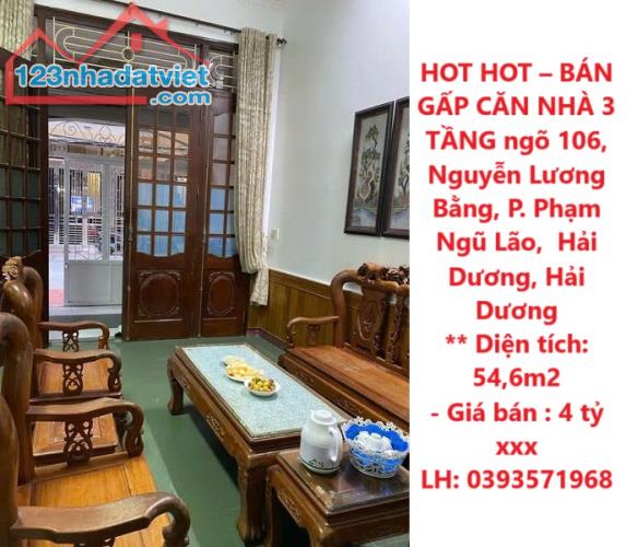 HOT HOT – BÁN GẤP CĂN NHÀ 3 TẦNG ngõ 106, Nguyễn Lương Bằng, P. Phạm Ngũ Lão,  Hải Dương,