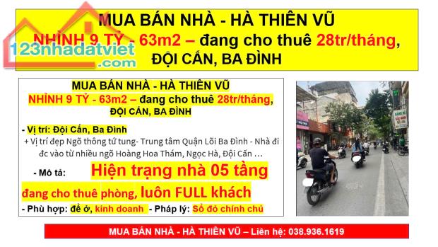 MUA BÁN NHÀ - HÀ THIÊN VŨ,NHỈNH 9 TỶ, 63m2, đang cho thuê 28tr/tháng, ĐỘI CẤN, BA Đình - 4