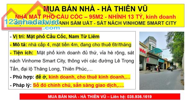 MUA BÁN NHÀ - HÀ THIÊN VŨ NHÀ MẶT PHỐ CẦU CỐC – 95M2, Mặt tiền 4m, kinh doanh MẶT PHỐ KINH - 2