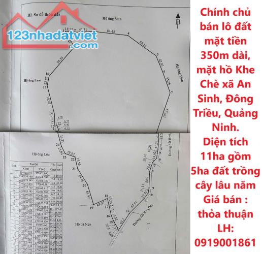 Chính chủ bán lô đất mặt tiền 350m dài, mặt hồ Khe Chè xã An Sinh, Đông Triều, Quảng Ninh.