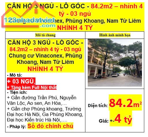 CĂN HỘ 3 NGỦ - LÔ GÓC - 84.2m2 – nhỉnh 4 tỷ - 03 ngủ Chung cư Vinaconex, Phùng Khoang - 3