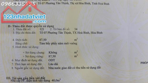 Chính chủ cần bán 87,5m2 đất tại đường Tiểu Khu 10, Phường Tân Thịnh, TP Hòa Bình - 1