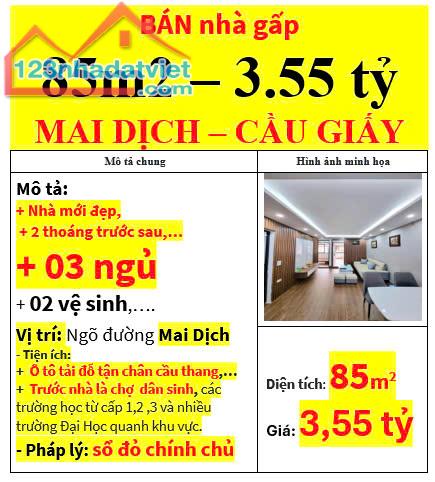 BÁN nhà gấp  85m2 – 3.55 tỷ MAI DỊCH – CẦU GIẤY