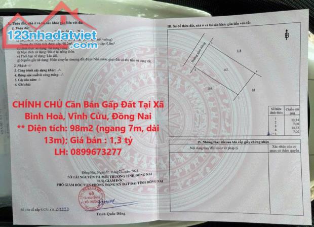 CHÍNH CHỦ Cần Bán Gấp Đất Tại Xã Bình Hoà, Vĩnh Cửu, Đồng Nai