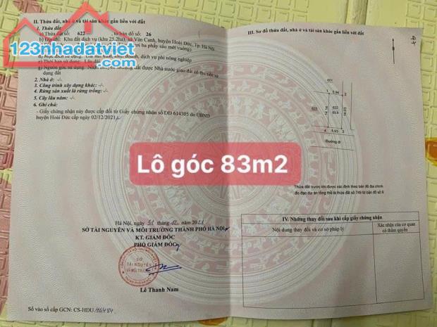 BÁN LÔ GÓC KHE THOÁNG 83M2 SIÊU VIP KHU 25,2HA VÂN CANH