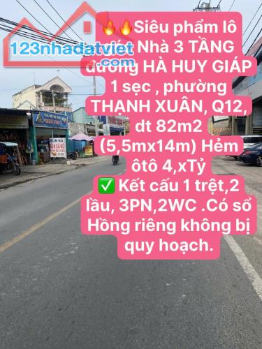 Siêu Phẩm Lô Góc Nhà 3 TẦNG đường HÀ HUY GIÁP 1 sẹc , phường THẠNH XUÂN, Q12, dt 82m2