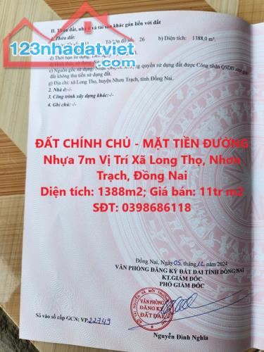 ĐẤT CHÍNH CHỦ - MẶT TIỀN ĐƯỜNG Nhựa 7m Vị Trí Xã Long Thọ, Nhơn Trạch, Đồng Nai