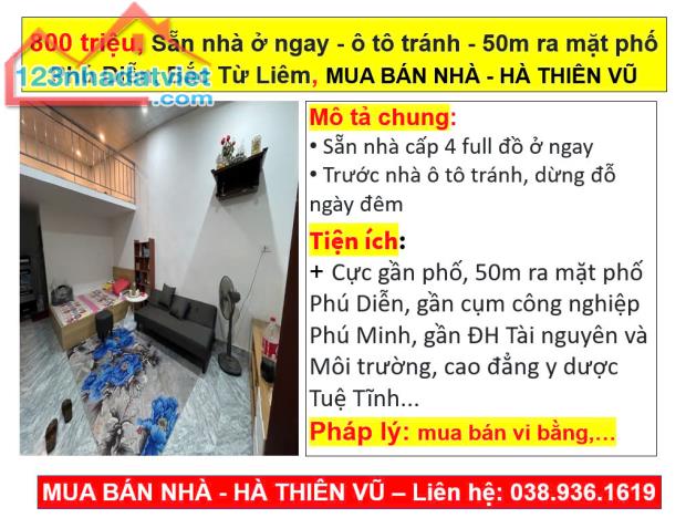 800 triệu, Sẵn nhà ở ngay, ô tô tránh, 50m ra mặt phố Phú Diễn, Bắc Từ Liêm, HÀ THIÊN VŨ - 4