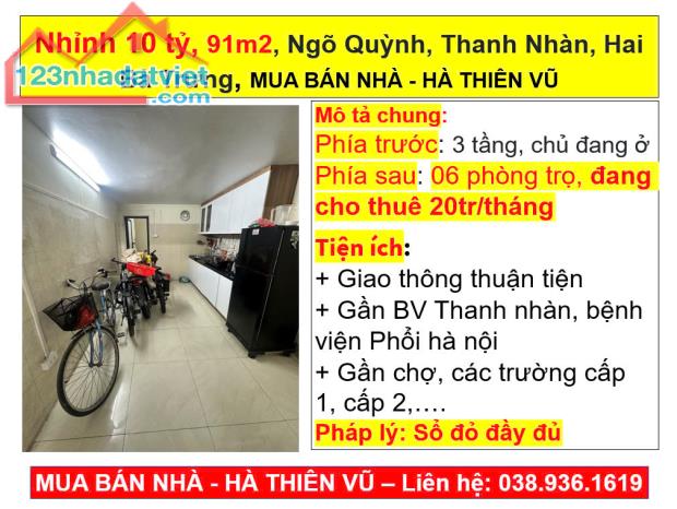 Nhỉnh 10 tỷ, 91m2, dòng tiền 20tr/tháng, Ngõ Quỳnh, Thanh Nhàn, Hai Bà Trưng, HÀ THIÊN VŨ - 4