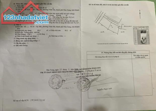 Bán đất dt 170m Phường Vĩnh Hải, Nha Trang sát đường 2/4 , cách chợ Vĩnh Hải 2km chỉ 3 tỷ - 4