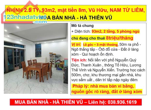 NHỈNH 2.5 TỶ, 93m2, mặt tiền 8m, Vũ Hữu, NAM TỪ LIÊM, MUA BÁN NHÀ - HÀ THIÊN VŨ - 3