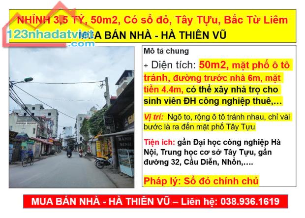 NHỈNH 3,5 TỶ, 50m2, Có sổ đỏ, Tây TỰu, Bắc Từ Liêm,  MUA BÁN NHÀ - HÀ THIÊN VŨ - 3