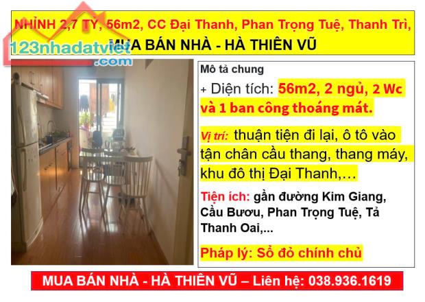 NHỈNH 2,7 TỶ, 56m2, CC Đại Thanh, Phan Trọng Tuệ, Thanh Trì, MUA BÁN NHÀ - HÀ THIÊN VŨ - 3