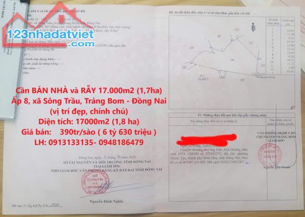 Cần BÁN NHÀ và RẪY 17.000m2 (1,7ha) Ấp 8, xã Sông Trầu, Trảng Bom - Đồng Nai (vị trí đẹp,