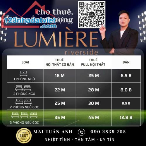 Cho thuê căn hộ Lumiere Riverside 3PN 93m², Full Nội thất, Tầng cao View đẹp, giá 40 tr/th - 4