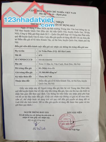 chính chủ bán 2 lô đất đấu giá tại xã Sai Sơn, Quốc Oai, Hà Nội DT lần lượt là 95m2 và 100 - 3