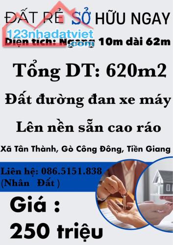 ĐẤT CHÍNH CHỦ - GIÁ TỐT - Vị Trí Đẹp Tại xã Tân Thành, Gò Công Đông, Tiền Giang