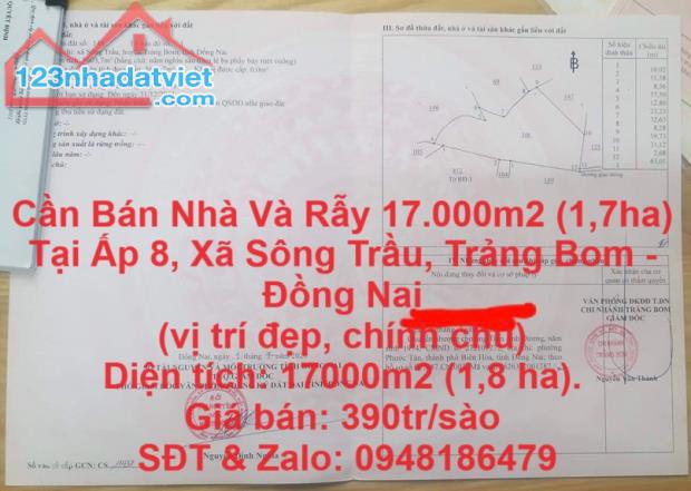 Cần Bán Nhà Và Rẫy 17.000m2 (1,7ha) Tại Ấp 8, Xã Sông Trầu, Trảng Bom - Đồng Nai