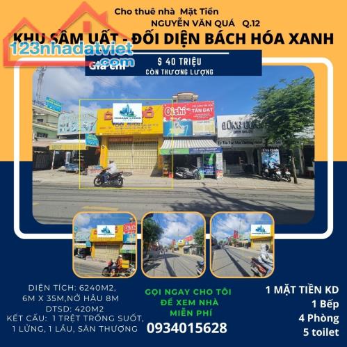 Cho thuê nhà mặt tiền Nguyễn Văn Quá 240m2, 1Lầu+ST - ĐỐI DIỆN BHX