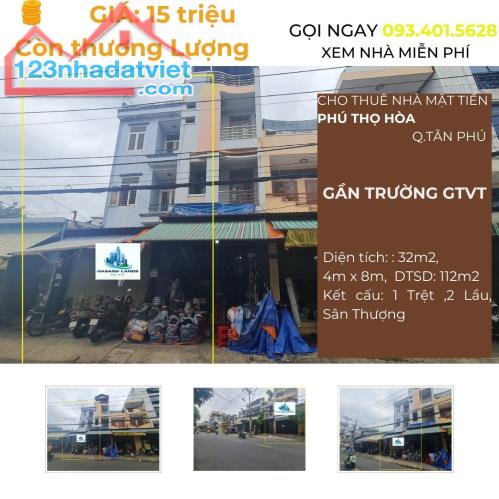 HIẾM- Cho thuê nhà mặt tiền Phú Thọ Hòa 32m2, 2Lầu+ST, 15Triệu