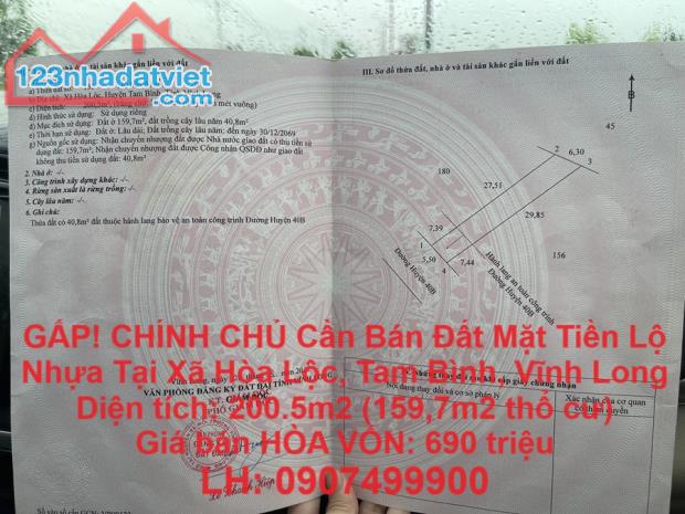 GẤP! CHÍNH CHỦ Cần Bán Đất Mặt Tiền Lộ Nhựa Tại Xã Hòa Lộc, Tam Bình, Vĩnh Long