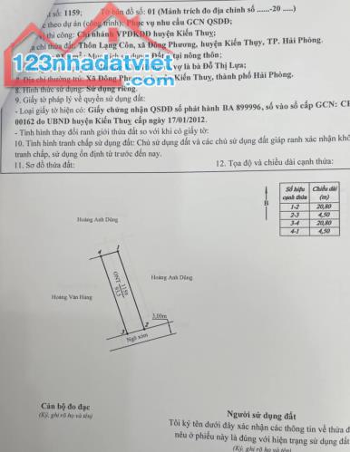 Bán lô đất 93,5m2 ngõ oto Đông Phương Kiến Thụy Hải Phòng