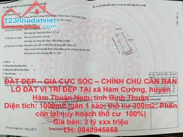 ĐẤT ĐẸP – GIÁ CỰC SỐC – CHÍNH CHỦ CẦN BÁN LÔ ĐẤT VỊ TRÍ ĐẸP TẠI Hàm Cường, Hàm Thuận Nam