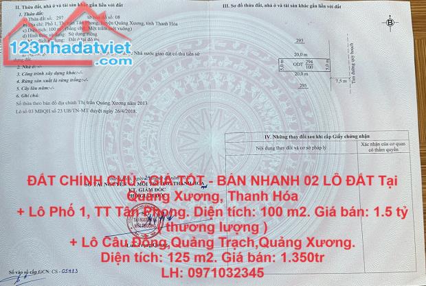 ĐẤT CHÍNH CHỦ - GIÁ TỐT - BÁN NHANH 02 LÔ ĐẤT Tại Quảng Xương, Thanh Hóa