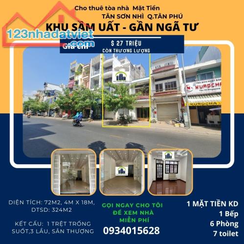 SỐC- Cho thuê nhà mặt tiền Tân Sơn Nhì 72m2, 3 Lầu+ST, 27Triệu-NGAY NGÃ TƯ