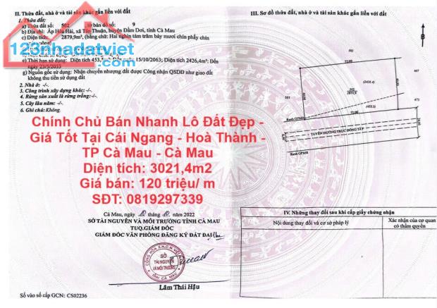 Chính Chủ Bán Nhanh Lô Đất Đẹp - Giá Tốt Tại Cái Ngang - Hoà Thành - TP Cà Mau - Cà Mau