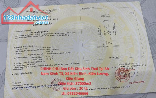 CHÍNH CHỦ Bán Đất Khu Sinh Thái Tại Bờ Nam Kênh T3, Xã Kiên Bình, Kiên Lương, Kiên Giang