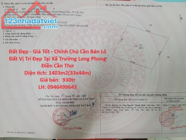 Đất Đẹp - Giá Tốt - Chính Chủ Cần Bán Lô Đất Vị Trí Đẹp Tại Xã Trường Long Phong Điền Cần