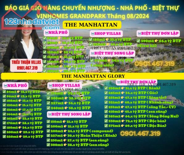 BÁO GIÁ GIỎ HÀNG CHUYỂN NHƯỢNG - NHÀ PHỐ - BIỆT THỰ - VINHOMES GRANDPARK Tháng 08/2024