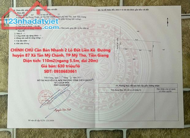 CHÍNH CHỦ Cần Bán Nhanh 2 Lô Đất Liền Kề  Đường huyện 87 Xã Tân Mỹ Chánh, TP Mỹ Tho, Tiền