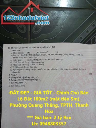 ĐẤT ĐẸP - GIÁ TỐT - Chính Chủ Bán Lô Đất 100m2 (mặt tiền 5m), Phường Quảng Thắng, TPTH,