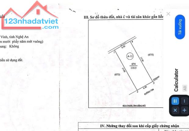 Bán 110,5m2 đất đẹp mặt đường 72m - Nghi Phú