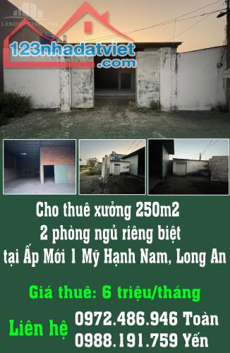 Cho thuê xưởng 250m2, 2 phòng ngủ riêng biệt tại Ấp Mới 1 Mỹ Hạnh Nam, Long An