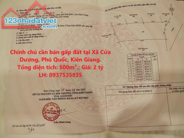 Chính chủ cần bán gấp đất tại Xã Cửa Dương, Phú Quốc, Kiên Giang.