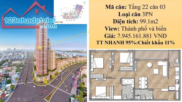 Sun Cosmo - Căn 3PN, 99.1m2 view thành phố, biển đẹp nhất dự kiến bàn giao T6/2025