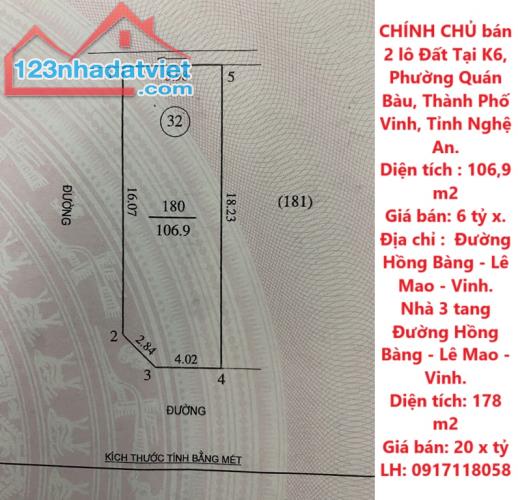 CHÍNH CHỦ bán 2 lô Đất Tại Phường Quán Bàu Và Phường Lê Mao, TP. Vinh, Nghệ An